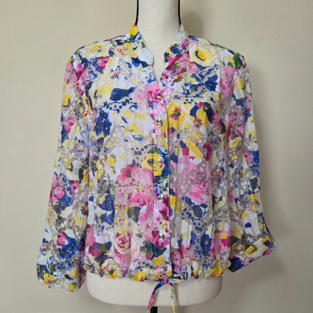 Lark Lane 14 Sheer Floral Burnout 3/4 Roll Tab Sleeve Drawstring Hem Colorful